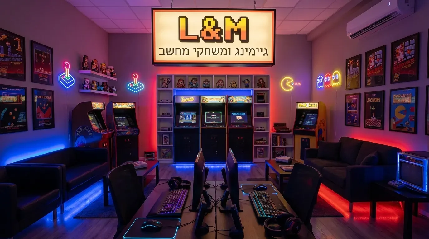 חנות גיימינג רטרו עם תאורת ניאון וציוד משחקים